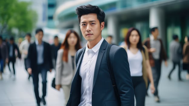 Asian Businessman Walking in Modern City, Handsome Man Walks on a Crowded Pedestrian Street, Asian Manager Surrounded by Blur People on Busy Street. photo