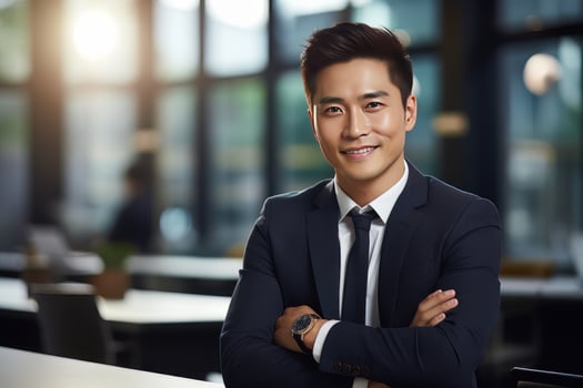 Portrait of a Handsome Businessman in Modern Office, Asian Manager Looking at Camera and Smiling, Confident Male CEO Planning and Managing Company Strategy. photo