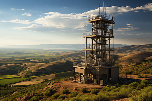 Beautiful view high voltage electric or telecommunications antenna wireless tower with green field concept by AI Generated photo