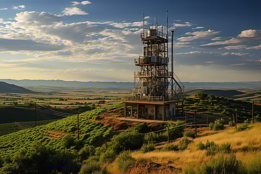 Beautiful view high voltage electric or telecommunications antenna wireless tower with green field concept by AI Generated photo