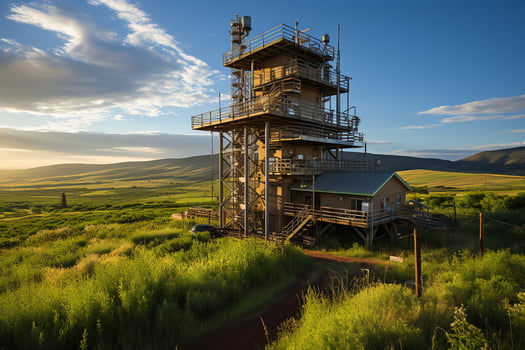 Beautiful view high voltage electric or telecommunications antenna wireless tower with green field concept by AI Generated photo