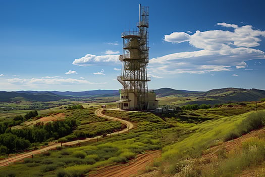 Beautiful view high voltage electric or telecommunications antenna wireless tower with green field concept by AI Generated photo
