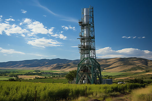 Beautiful view high voltage electric or telecommunications antenna wireless tower with green field concept by AI Generated photo