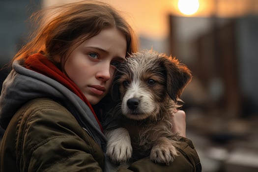 Little Girl Hugging her Dog with Warm Light Background, Kid Hugs a Stray Dog to Conveying a Sense of Love. photo