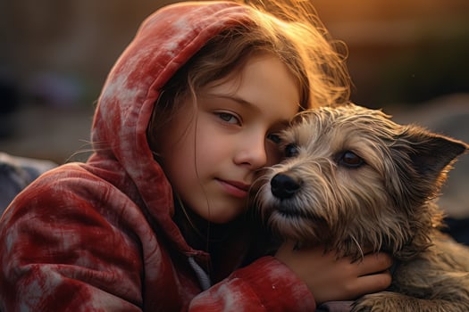 Little Girl Hugging her Dog with Warm Light Background, Kid Hugs a Stray Dog to Conveying a Sense of Love. photo