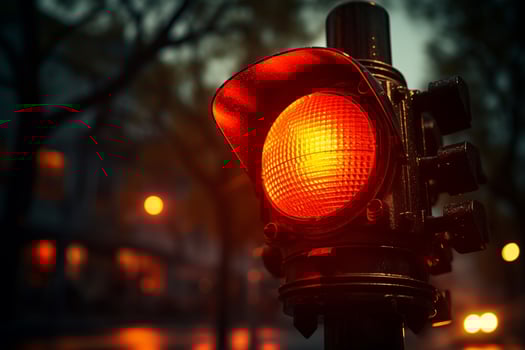 Traffic light signal in the city at night, close up. Ai Generated photo