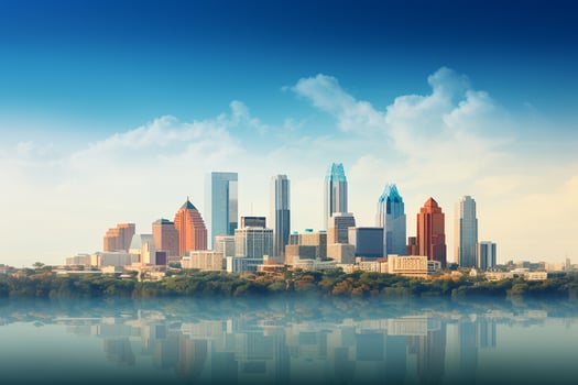 Modern cityscape with reflection in water. Ai Generated photo
