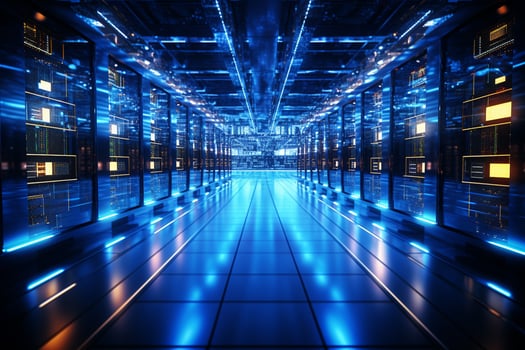 Digital server room data center with rows of hard drives 3d rendering image Ai Generated photo