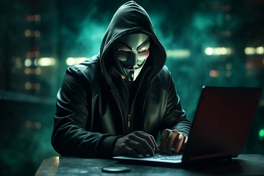 Hooded hacker stealing information from a laptop. Dark background. AI Generated photo
