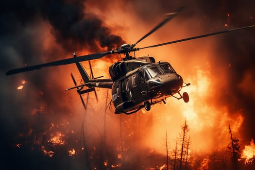 Burning forest and helicopter at night. Fire in the air. Ai Generated photo