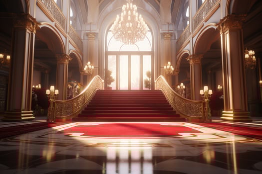 Interior of royal palace with red carpet and golden stairs. 3D ren0dering Ai Generated photo