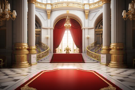 Interior of royal palace with red carpet and golden stairs. 3D ren0dering Ai Generated photo