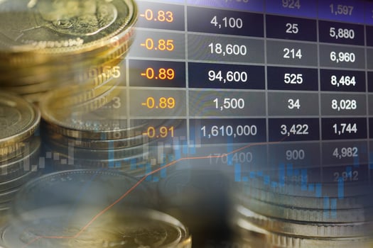 Stock market investment trading financial, coin and graph chart or Forex for analyze profit finance business trend data background. photo