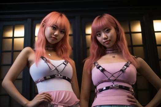 two asian women wearing pink hair and suspenders generative ai photo
