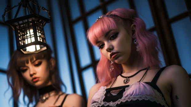 two women in gothic clothing standing next to a lantern generative ai photo