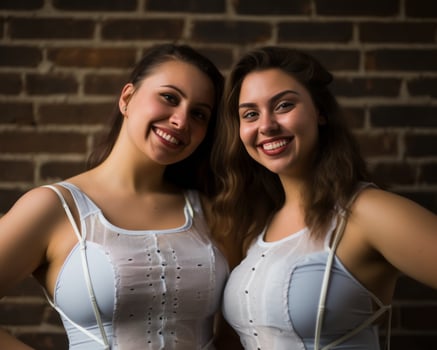 two young women posing for a photo in front of a brick wall generative ai