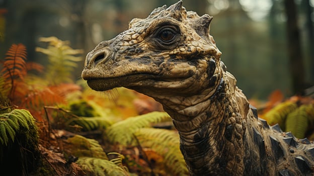 Close-up photo of a Brachiosaurus looking in their habitat. Generative AI