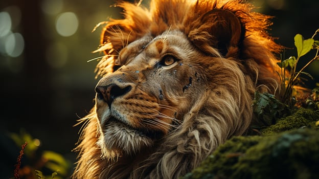 Close-up photo of a Lion looking any direction on jungle. Generative AI