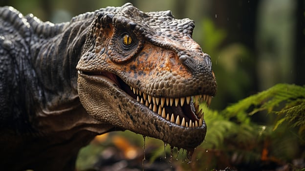 Close-up photo of a Tyrannosaurus Rex looking in their habitat. Generative AI