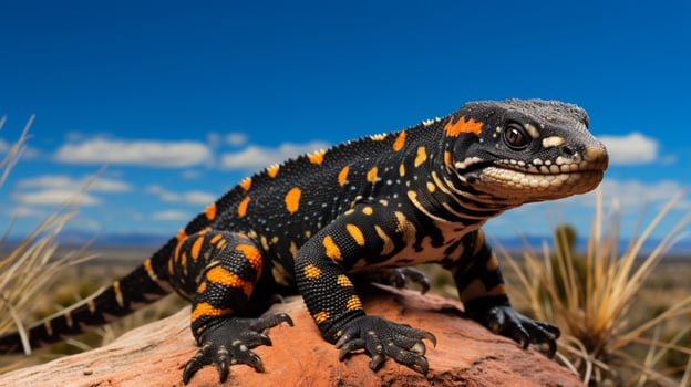 Photo of a Gila Monster under Blue Sky. Generative AI