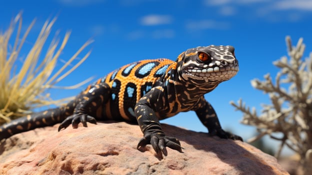 Photo of a Gila Monster under Blue Sky. Generative AI