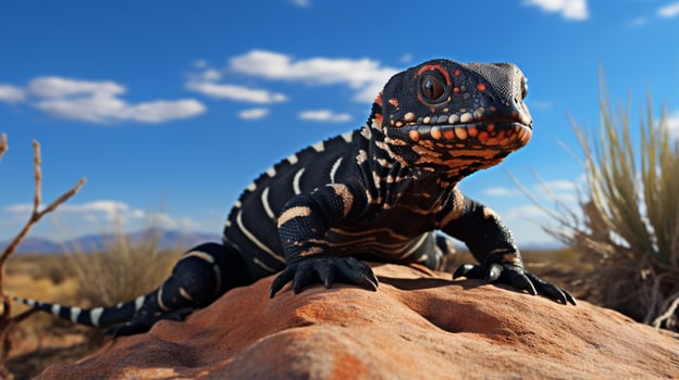 Photo of a Gila Monster under Blue Sky. Generative AI