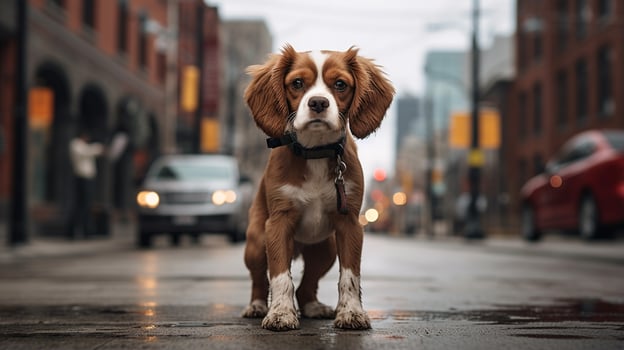 Photo of a dog standing on the street in downtown. Generative AI
