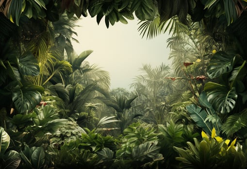 Beautiful jungle background with border made of tropical leaves backdrop with copy space photo