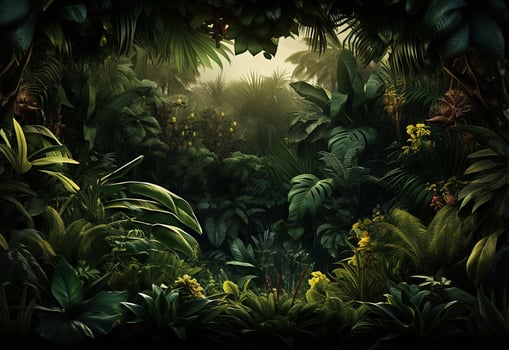 Beautiful jungle background with border made of tropical leaves backdrop with copy space photo