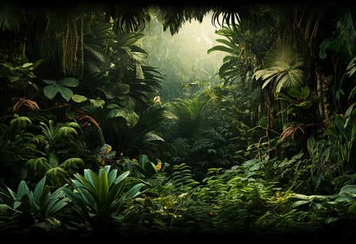 Beautiful jungle background with border made of tropical leaves backdrop with copy space photo