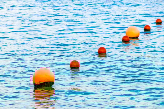 Blue water waves ocean with buoy buoys ropes nets Mexico. photo