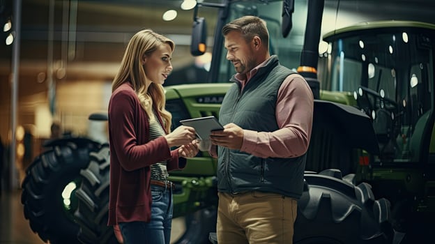 Female tractor salesperson stands in showroom and guarantees spare parts and service of agricultural machinery. photo