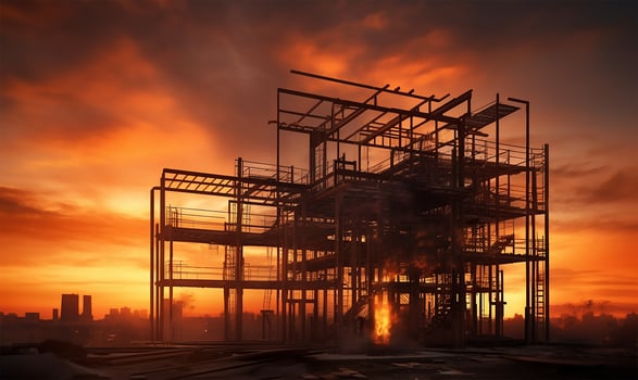 construction site of a large residential-commercial building with several floors already taking shape, juxtaposed against a metal framework. AI Generated photo