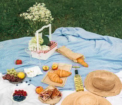 Picnic on the grass. Picnic in the park with a basket of food. photo