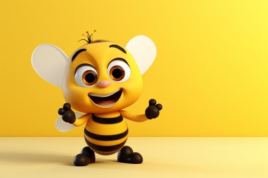 3d illustration of cute bee cartoon character with flower on yellow background Ai Generated photo