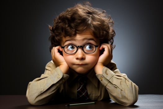 A child puzzled over a math textbook isolated on a grey gradient background photo