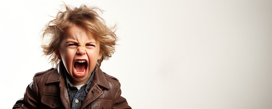 A single child screaming in frustration isolated on a white background photo