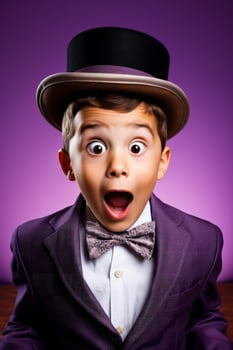 A childs wide eyed surprise at a magic trick isolated on a purple gradient background photo