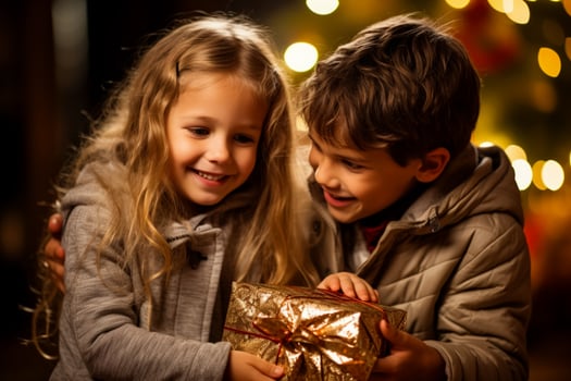 Childs eyes brighten as they unwrap a long awaited present joyously photo