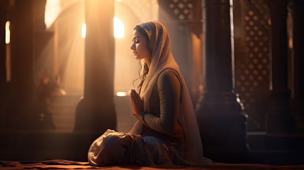 Religious Muslim woman praying in a church photo