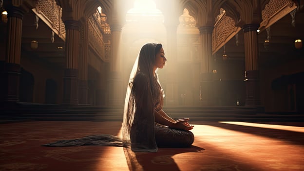 Religious Muslim woman praying in a church photo