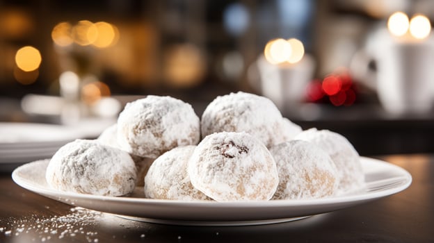 Photo of Snowball Cookies as a dish in a high-end restaurant. Generative AI