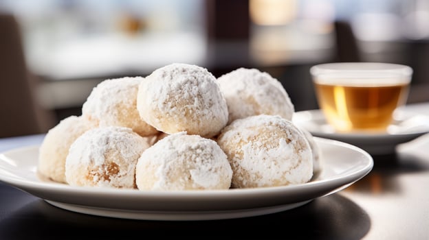 Photo of Snowball Cookies as a dish in a high-end restaurant. Generative AI