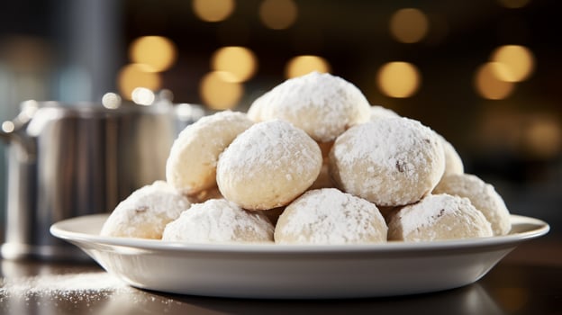 Photo of Snowball Cookies as a dish in a high-end restaurant. Generative AI