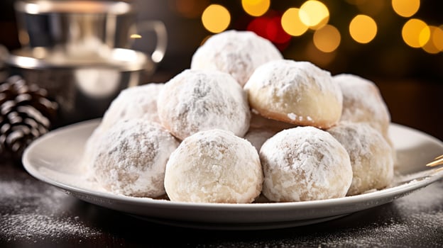 Photo of Snowball Cookies as a dish in a high-end restaurant. Generative AI