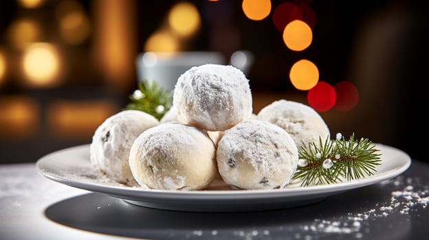 Photo of Snowball Cookies as a dish in a high-end restaurant. Generative AI