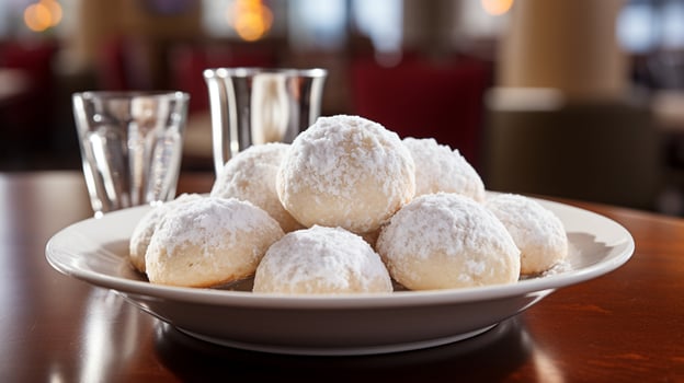 Photo of Snowball Cookies as a dish in a high-end restaurant. Generative AI