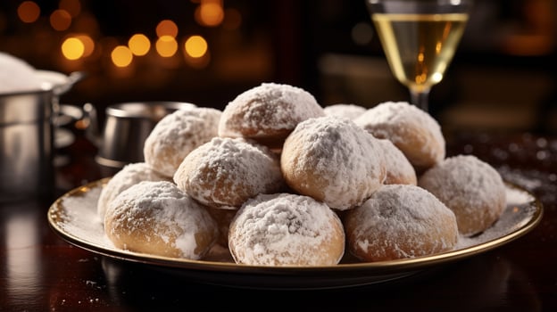 Photo of Snowball Cookies as a dish in a high-end restaurant. Generative AI