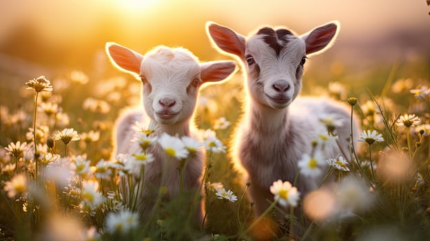 Two baby goats playing in the green field photo