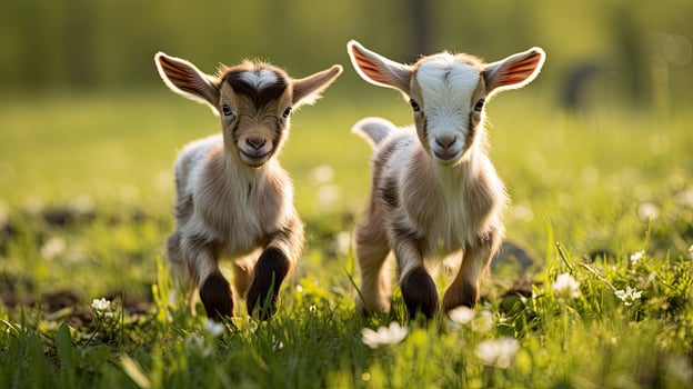 Two baby goats playing in the green field photo